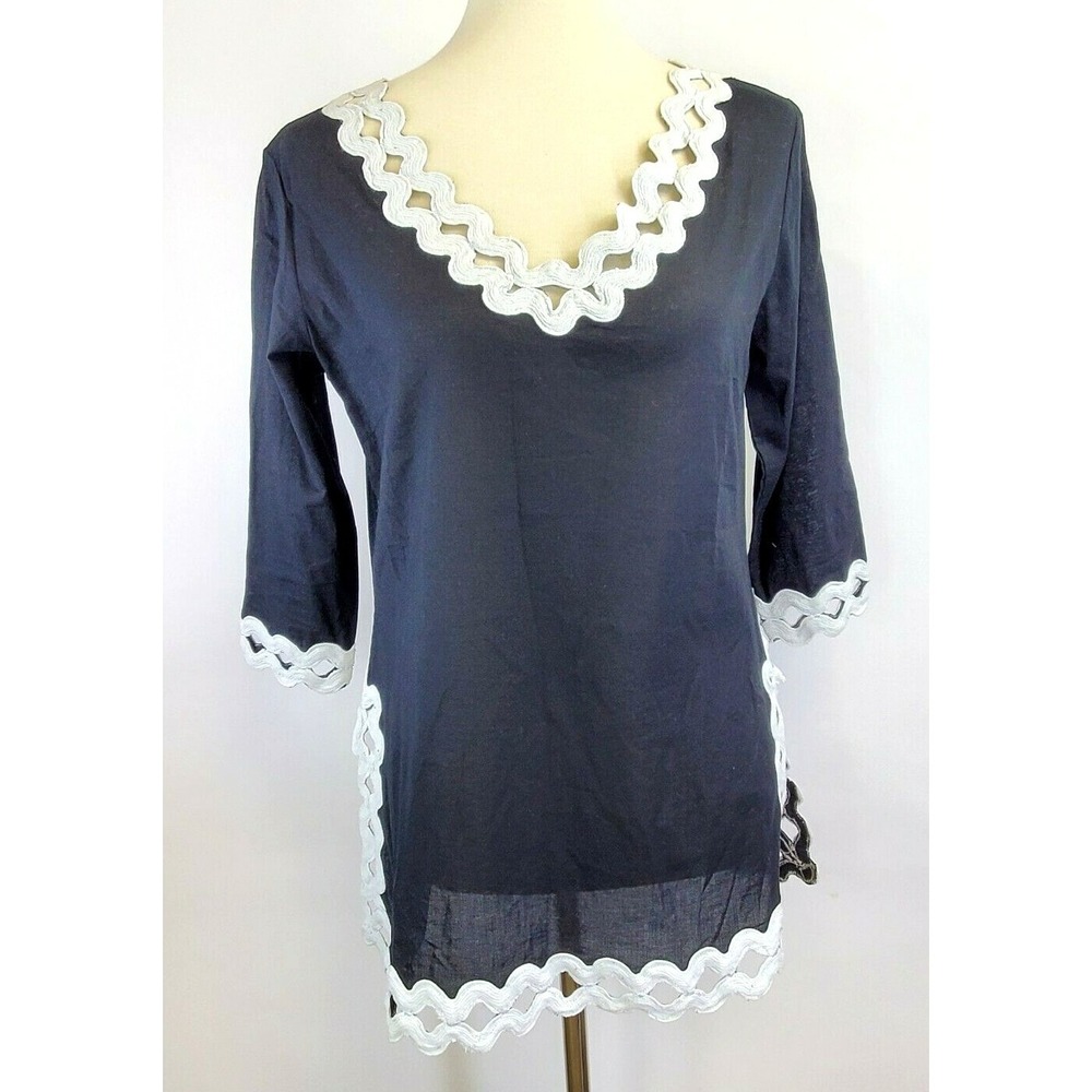Gretchen Scott Womens XS Tunic Swim Cover Black w/White Ric Rac